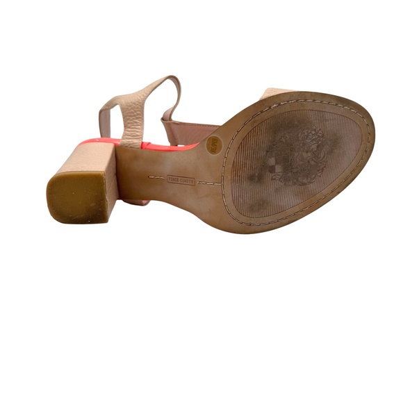 VINCE CAMUTO BEIGE & HOT PINK NOVASI BLOCK HEEL T STRAP SANDAL - Picture 12 of 16